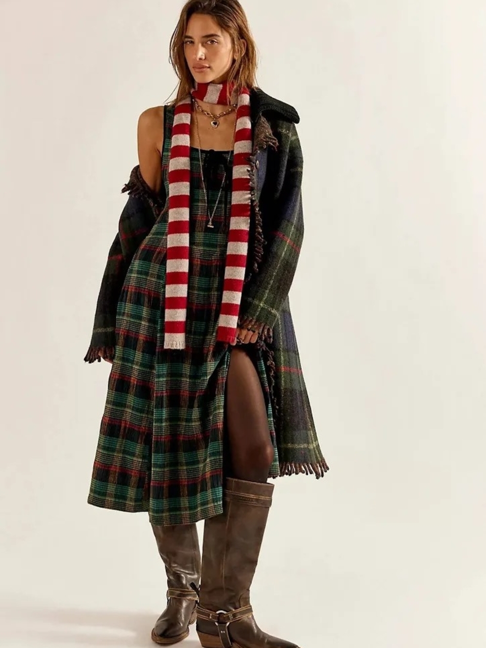 Free People Freya Plaid Midi Dress Kelly Green Combo